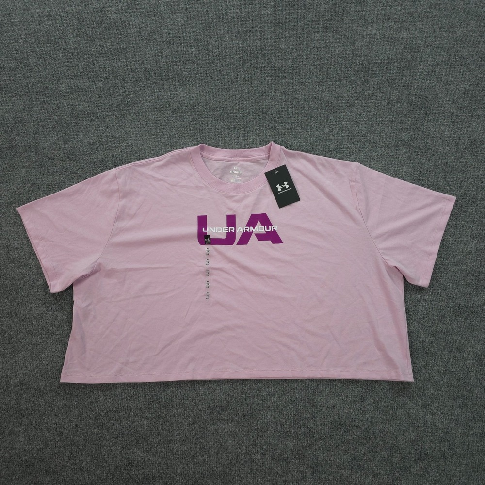 Under Armour Shirt Womens Extra‎ Large Pink Boxy Wordmark Logo Crop Sports NEW